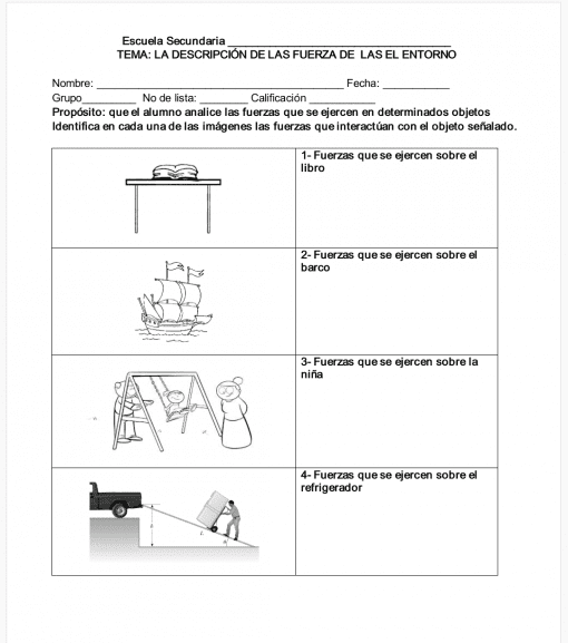 Oración con nombre de producto:
Ficha educativa de una escuela secundaria sobre el tema de Planeación Ciencias Físicas Secundaria (Trimestre 2) PLAN 2017, con diagramas que muestran diferentes escenarios como una persona empujando un carrito y un estudiante.