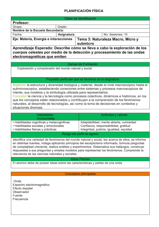 Un documento educativo en español titulado "Planeación Ciencias Físicas Secundaria (Trimestre 2) PLAN 2017", que describe los detalles del curso de física para el segundo trimestre, con secciones sobre información del profesor, expectativas del curso, metodología, actividades, habilidades y