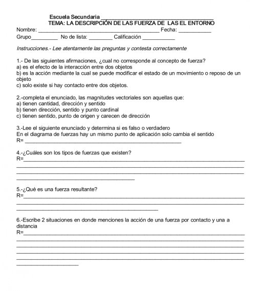 Una hoja de trabajo en blanco y negro titulada "Planeacion Ciencias Físicas Secundaria (Trimestre 2) PLAN 2017" con preguntas de opción múltiple y respuesta escrita para una clase de física básica. La hoja de trabajo está en español.