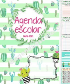 Oración con nombre de producto: Ilustración de una agenda escolar para el curso académico AGENDA CACTUS 20-21 titulada 