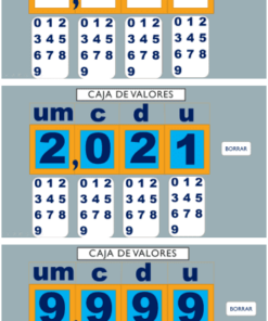 Tres imágenes que muestran pantallas digitales de una calculadora de Caja De Valores Digital en diferentes etapas. La parte superior tiene una entrada en blanco, el medio muestra los números "2021" y la parte inferior muestra "9999". Todos tienen un botón de borrar (borrar).
