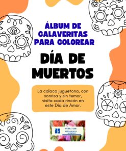 Colorida página temática del Día de Muertos con calaveras de azúcar ilustradas en blanco y negro, texto en negrita que dice "Álbum de Calaveritas para Colorear Día de Muertos" y una breve descripción en español. En la parte inferior hay una pequeña imagen de una flor.