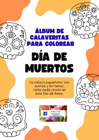 Colorida página temática del Día de Muertos con calaveras de azúcar ilustradas en blanco y negro, texto en negrita que dice "Álbum de Calaveritas para Colorear Día de Muertos" y una breve descripción en español. En la parte inferior hay una pequeña imagen de una flor.