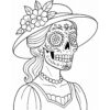Dibujo lineal de una mujer con sombrero de ala ancha adornado con flores, vestido y collar, con la cara pintada con un diseño tradicional de calavera de azúcar del Día de los Muertos.