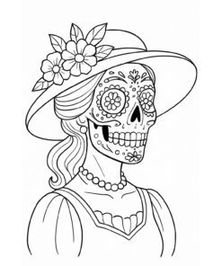 Dibujo lineal de una mujer con sombrero de ala ancha adornado con flores, vestido y collar, con la cara pintada con un diseño tradicional de calavera de azúcar del Día de los Muertos.