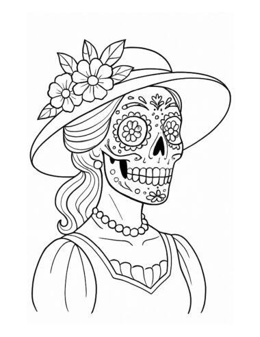 Dibujo lineal de una mujer con sombrero de ala ancha adornado con flores, vestido y collar, con la cara pintada con un diseño tradicional de calavera de azúcar del Día de los Muertos.