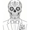 Ilustración en blanco y negro de una persona con traje y pajarita, con una detallada cara de calavera de azúcar con motivos florales y una flor en la solapa del traje.
