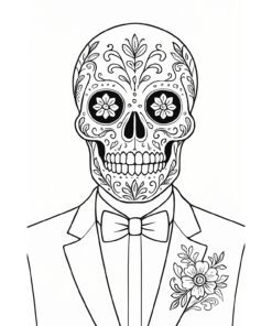 Ilustración en blanco y negro de una persona con traje y pajarita, con una detallada cara de calavera de azúcar con motivos florales y una flor en la solapa del traje.