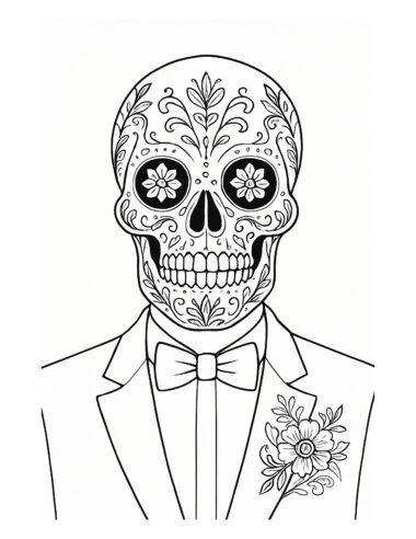 Ilustración en blanco y negro de una persona con traje y pajarita, con una detallada cara de calavera de azúcar con motivos florales y una flor en la solapa del traje.