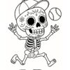 Un esqueleto de dibujos animados con dibujos faciales del Día de los Muertos lleva una gorra de béisbol y corre alegremente tras una pelota de béisbol.