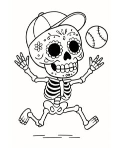Un esqueleto de dibujos animados con dibujos faciales del Día de los Muertos lleva una gorra de béisbol y corre alegremente tras una pelota de béisbol.