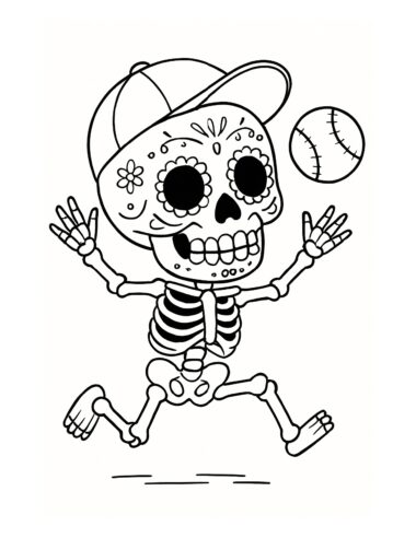 Un esqueleto de dibujos animados con dibujos faciales del Día de los Muertos lleva una gorra de béisbol y corre alegremente tras una pelota de béisbol.