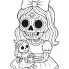 Ilustración en blanco y negro de una niña con cara de calavera de azúcar decorada, con vestido y gran lazo, que sostiene una muñeca con cara y vestido similares cosidos.