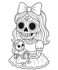 Ilustración en blanco y negro de una niña con cara de calavera de azúcar decorada, con vestido y gran lazo, que sostiene una muñeca con cara y vestido similares cosidos.