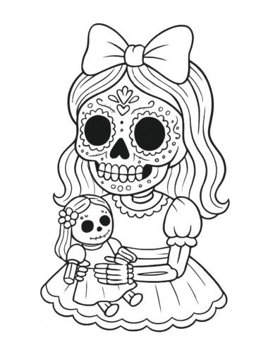 Ilustración en blanco y negro de una niña con cara de calavera de azúcar decorada, con vestido y gran lazo, que sostiene una muñeca con cara y vestido similares cosidos.