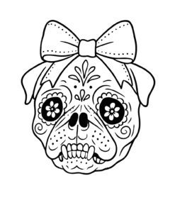 Ilustración en blanco y negro de la cara de un perro decorada como una calavera de azúcar, con motivos florales y remolinos y un gran lazo en la cabeza.