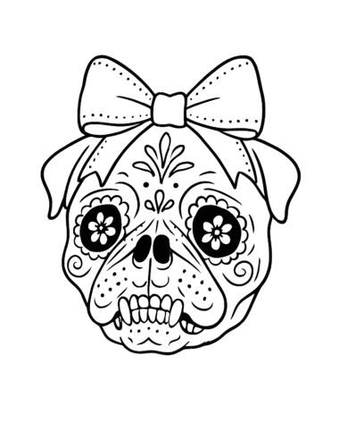 Ilustración en blanco y negro de la cara de un perro decorada como una calavera de azúcar, con motivos florales y remolinos y un gran lazo en la cabeza.