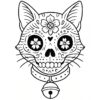 Ilustración en blanco y negro de la cara de un gato en forma de calavera de azúcar con motivos florales, ojos grandes con flores, un corazón en la frente y un collar con cascabel.