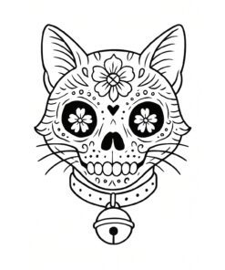 Ilustración en blanco y negro de la cara de un gato en forma de calavera de azúcar con motivos florales, ojos grandes con flores, un corazón en la frente y un collar con cascabel.
