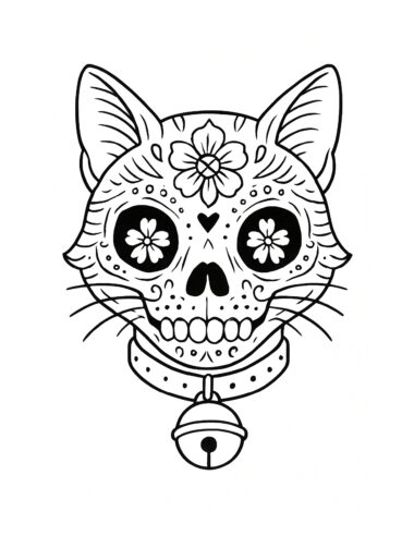Ilustración en blanco y negro de la cara de un gato en forma de calavera de azúcar con motivos florales, ojos grandes con flores, un corazón en la frente y un collar con cascabel.