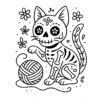 Ilustración en blanco y negro de un gato con dibujos al estilo del Día de los Muertos (calavera de azúcar), mostrando huesos visibles, sentado junto a un ovillo de hilo con flores a su alrededor.