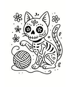 Ilustración en blanco y negro de un gato con dibujos al estilo del Día de los Muertos (calavera de azúcar), mostrando huesos visibles, sentado junto a un ovillo de hilo con flores a su alrededor.