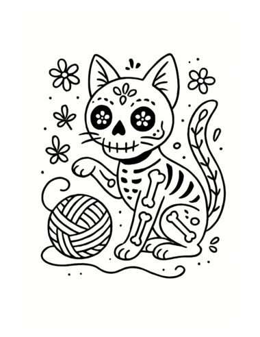 Ilustración en blanco y negro de un gato con dibujos al estilo del Día de los Muertos (calavera de azúcar), mostrando huesos visibles, sentado junto a un ovillo de hilo con flores a su alrededor.