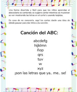 Colorido cartel educativo que muestra Iniciando en el ABC con letras incompletas, que sugiere una actividad de canto para aprenderlas. Decorado con una cenefa de bombillas.