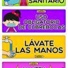 Cuatro CARTELES REGRESO A CLASE NUEVA NORMALIDAD coloridos ilustrados para el regreso a clases en la nueva normalidad, mostrando instrucciones de seguridad sanitaria en español: uso de desinfectante de manos, uso obligatorio de cubrebocas, lavado de manos y mantenimiento de distancia.
