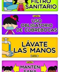 Cuatro CARTELES REGRESO A CLASE NUEVA NORMALIDAD coloridos ilustrados para el regreso a clases en la nueva normalidad, mostrando instrucciones de seguridad sanitaria en español: uso de desinfectante de manos, uso obligatorio de cubrebocas, lavado de manos y mantenimiento de distancia.