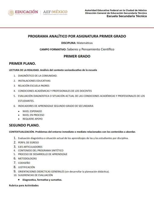Un documento titulado "PROGRAMA ANALITICO MATEMATICAS 1 SECUNDARIA" para la materia de matemáticas. Incluye encabezados como "Primer Plano", "Segundo Plano" e "Indicadores de Aprendizaje Segundo Grado de Secundaria". El texto está principalmente en español.
