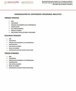 Un organigrama del plan de estudios del PROGRAMA ANALITICO MATEMATICAS 1 SECUNDARIA. Enumera temas en tres períodos: Primer Periodo, Segundo Periodo y Tercer Periodo. Las categorías incluyen 