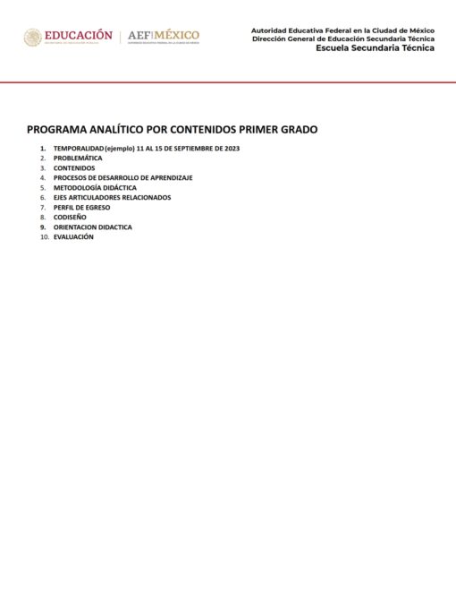 Un documento titulado "PROGRAMA ANALITICO MATEMATICAS 1 SECUNDARIA" de AEF México y Autoridad Educativa Federal en la Ciudad de México. Incluye un listado de temas educativos como problemática, contenidos, proceso de aprendizaje, currículo y evaluación para el primer grado.