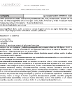 Un documento educativo en español que detalla el PROGRAMA ANALITICO MATEMATICAS 1 SECUNDARIA para el programa analítico de la escuela secundaria en el año académico 2023-2024, que describe la secuencia, cronograma, temas, metodología, recursos y resultados esperados para un curso de operaciones y problemas numéricos. -resolviendo.