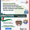 Cartel que promueve una guía para los directores de centros escolares sobre la preparación de la primera sesión ordinaria del Consejo Técnico Escolar, con logotipos oficiales, iconos, niños y texto en color que hace hincapié en la reflexión y la planificación para el curso escolar 2025-2026.