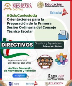 Cartel que promueve una guía para los directores de centros escolares sobre la preparación de la primera sesión ordinaria del Consejo Técnico Escolar, con logotipos oficiales, iconos, niños y texto en color que hace hincapié en la reflexión y la planificación para el curso escolar 2025-2026.