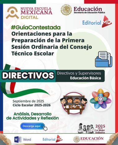Cartel que promueve una guía para los directores de centros escolares sobre la preparación de la primera sesión ordinaria del Consejo Técnico Escolar, con logotipos oficiales, iconos, niños y texto en color que hace hincapié en la reflexión y la planificación para el curso escolar 2025-2026.