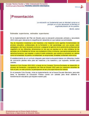 Parte de un documento titulado "Productos Contestados Guía CTE Septiembre 2023 (Supervisores)". Incluye una cita de Benito Juárez y enfatiza la importancia de los docentes, el plan educativo de educación preescolar, primaria y secundaria para el semestre 2022-2023 y las orientaciones de Supervisores.