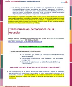 Un documento centrado en la transformación democrática del sistema escolar. Incluye múltiples secciones de texto en español, destacando la importancia de prácticas pedagógicas flexibles y adaptativas. El documento, también Productos Contestados Guía CTE Septiembre 2023 (Supervisores), enfatiza la mejora continua en la educación.
