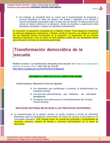 Un documento centrado en la transformación democrática del sistema escolar. Incluye múltiples secciones de texto en español, destacando la importancia de prácticas pedagógicas flexibles y adaptativas. El documento, también Productos Contestados Guía CTE Septiembre 2023 (Supervisores), enfatiza la mejora continua en la educación.