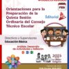Afiche titulado "Orientaciones para la Preparación de la Quinta Sesión Ordinaria del Consejo Técnico Escolar" de febrero de 2025. Presenta gráficas de estudiantes, temas culturales indígenas y varios logotipos. Los aspectos más destacados incluyen "Año de la Mujer Indígena.