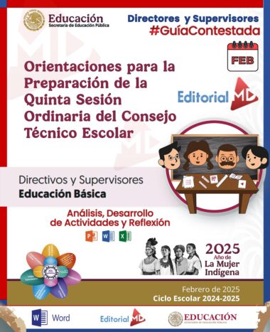 Afiche titulado "Orientaciones para la Preparación de la Quinta Sesión Ordinaria del Consejo Técnico Escolar" de febrero de 2025. Presenta gráficas de estudiantes, temas culturales indígenas y varios logotipos. Los aspectos más destacados incluyen "Año de la Mujer Indígena.