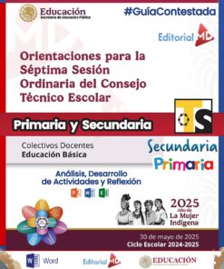Portada de orientación para la séptima sesión del Consejo Técnico Escolar para docentes de primaria y secundaria, con logotipos oficiales, pancartas coloridas y texto sobre el ciclo escolar 2024-2025 y el Año de la Mujer Indígena.