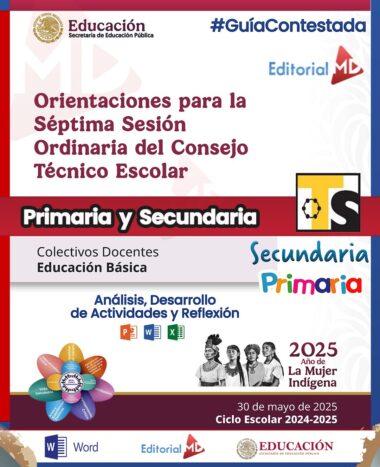 Portada de orientación para la séptima sesión del Consejo Técnico Escolar para docentes de primaria y secundaria, con logotipos oficiales, pancartas coloridas y texto sobre el ciclo escolar 2024-2025 y el Año de la Mujer Indígena.