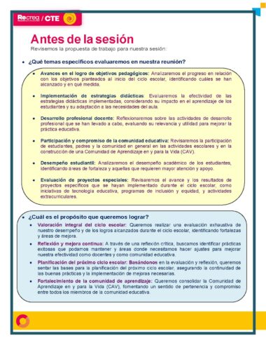 Imagen de un documento titulado "Antes de la sesión" en español, donde se analiza la evaluación de propuestas de trabajo para una reunión. Describe puntos de evaluación específicos, como objetivos pedagógicos, implementación de estrategias, desarrollo profesional docente y participación de los estudiantes.