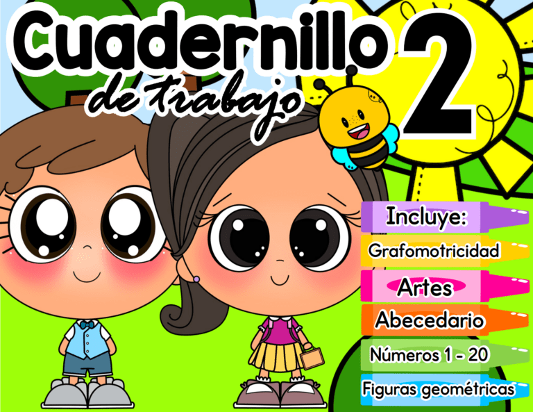 La portada ilustrada de "CUADERNILLO DE TRABAJO 2 PREESCOLAR 2 2024" presenta a dos niños de dibujos animados con ojos grandes, un sol y una abeja. Destaca inclusiones de grafomotricidad, artes, alfabeto, números del 1 al 20 y figuras geométricas.