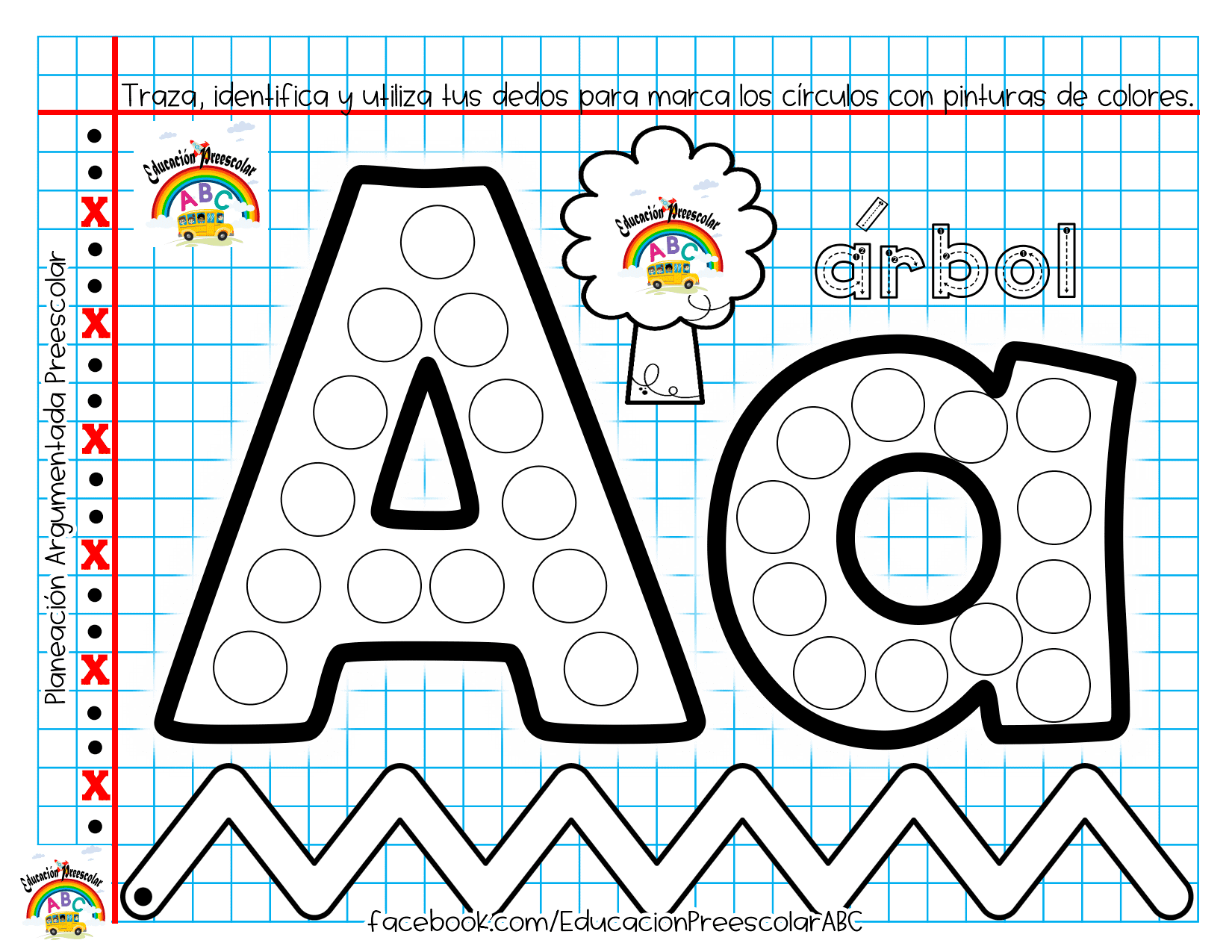 Descarga actividades preescolares para imprimir gratis 6 Imagen de una hoja de actividades preescolares del CUADERNILLO DE TRABAJO 2 PREESCOLAR 2 2024 que presenta una letra "A" delineada en mayúscula y minúscula, ambas llenas de círculos para colorear. La palabra española "árbol" aparece junto a la "a" minúscula. La hoja tiene un fondo de cuadrícula y líneas de colores.