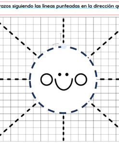 PREESCOLAR 1 CUADERNILLO DE TRABAJO 2026: Un divertido cuaderno de trabajo preescolar para 2026, con una gran cara sonriente en el centro de una cuadrícula con líneas de puntos que irradian hacia fuera para que los niños las tracen como se muestra en las instrucciones superiores.