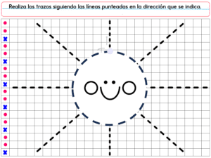PREESCOLAR 1 CUADERNILLO DE TRABAJO 2026: Un divertido cuaderno de trabajo preescolar para 2026, con una gran cara sonriente en el centro de una cuadrícula con líneas de puntos que irradian hacia fuera para que los niños las tracen como se muestra en las instrucciones superiores.