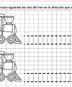 A PREESCOLAR 1 CUADERNILLO DE TRABAJO 2026 página para preescolar 1 muestra dos trenes delineados sobre vías, cada uno junto a una cuadrícula con líneas de trazado punteadas de izquierda a derecha. Las instrucciones en español aparecen en la parte superior.